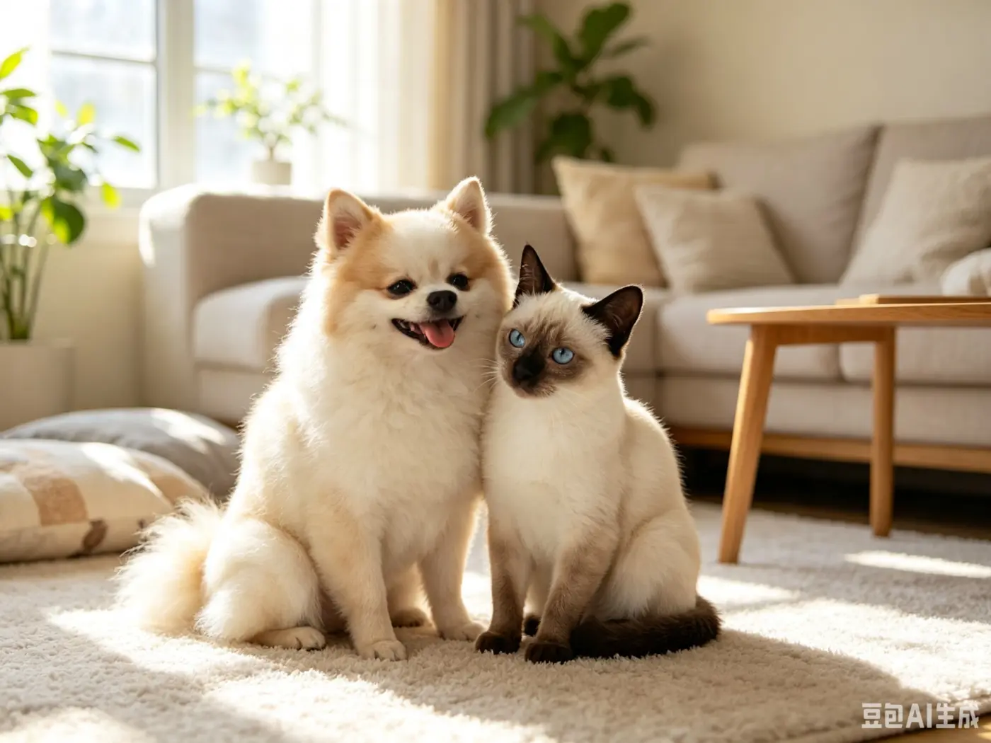 A happy Pomeranian and Siamese cat together at home